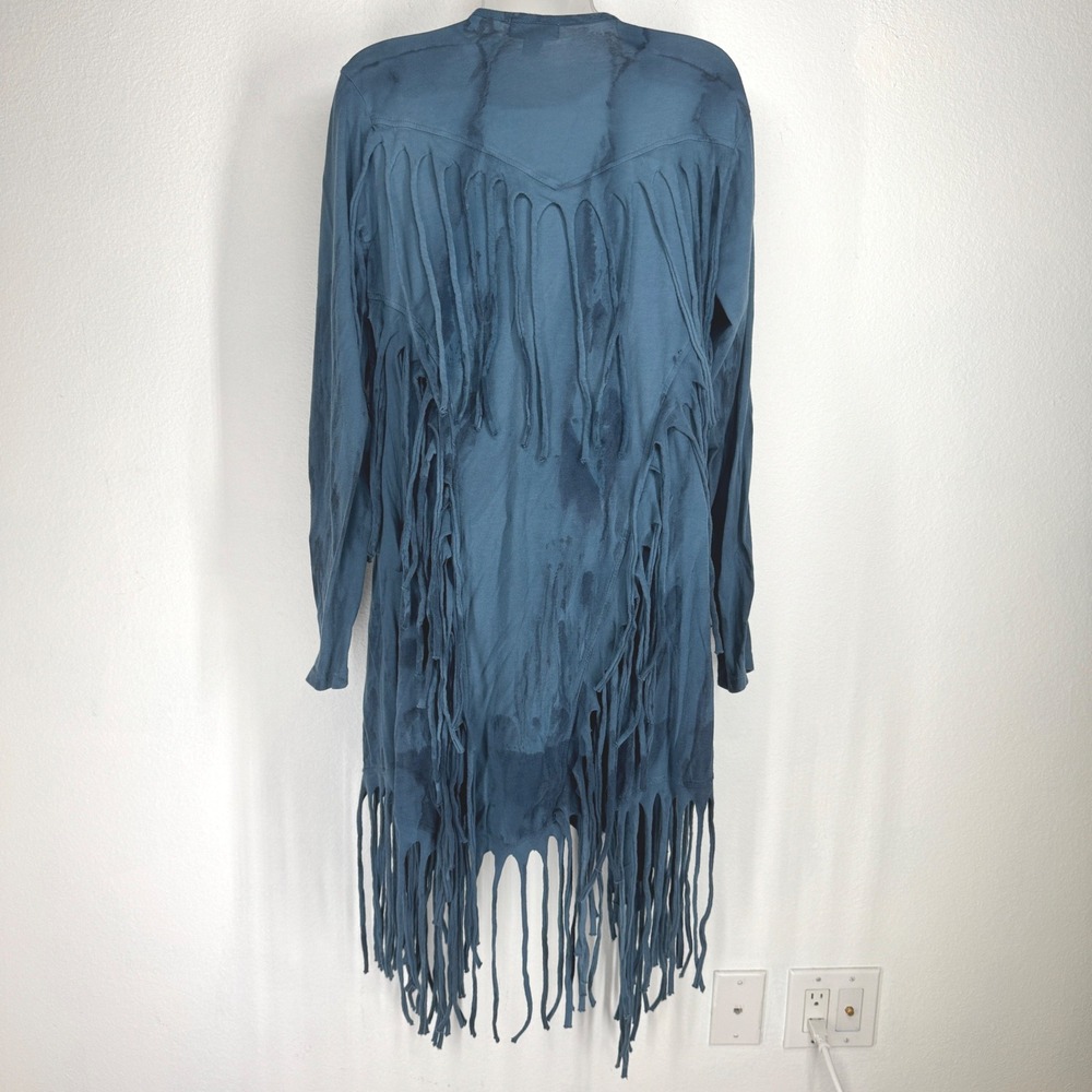 Womens Blue Tie Dye Fringe Open Oversized Jersey Cardigan L Boho Western Hippie